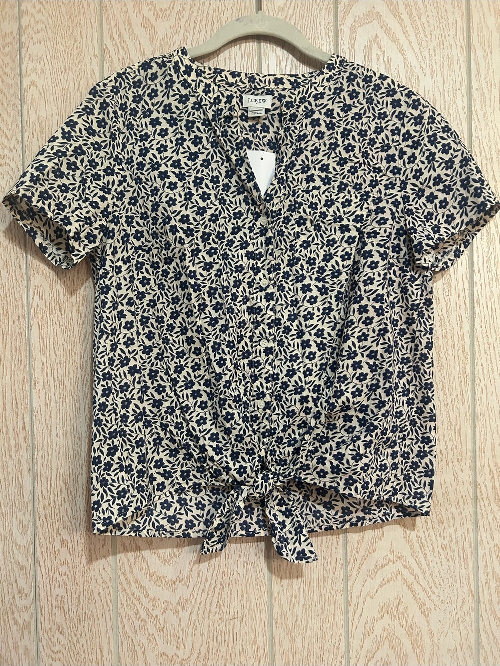 NWT J. Crew Navy Small Floral Tie-Front Short Sleeve Blouse on Cream